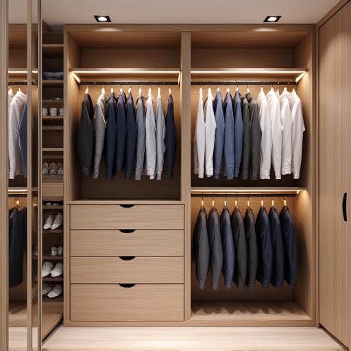Interior de un armario a medida con ropa colgada y estantes ordenados.