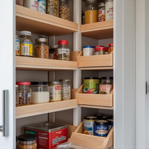 Interior de una despensa de cocina perfectamente organizada.